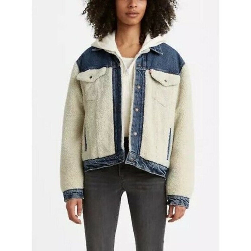 Levi's Pieced Sherpa Ex Boyfriend Trucker Denim Jean Jacket Sz XS